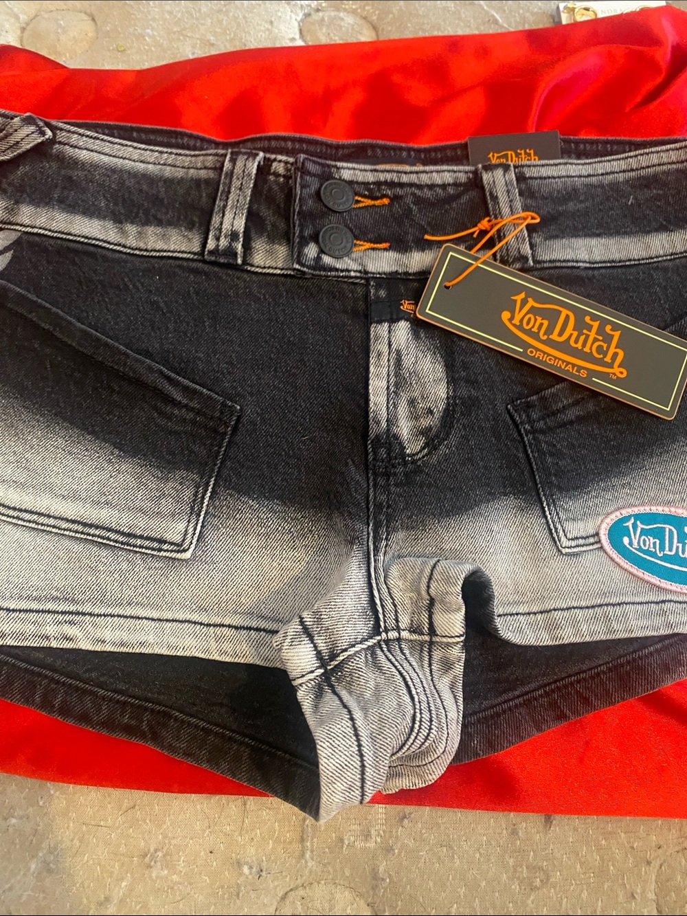 Von Dutch Black and Gray Ombre Denim Mini Shorts with Patch